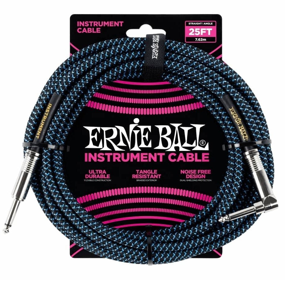 Ernie Ball P06060 25ft Braided Instrument Cable Lead - Black/Blue