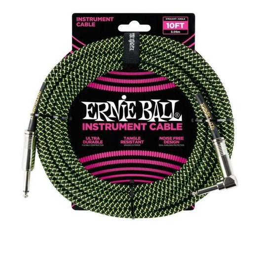 Ernie Ball P06077 10ft Braided Straight/Angle Instrument Cable Lead - Black/Green