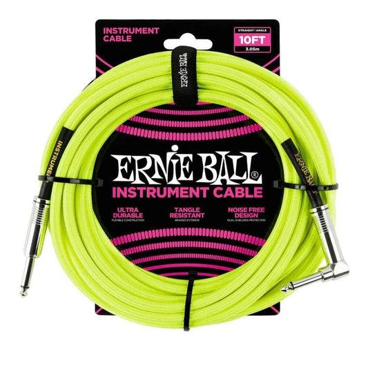Ernie Ball P06080 10ft Braided Straight/Angle Instrument Cable Lead - Neon Yellow