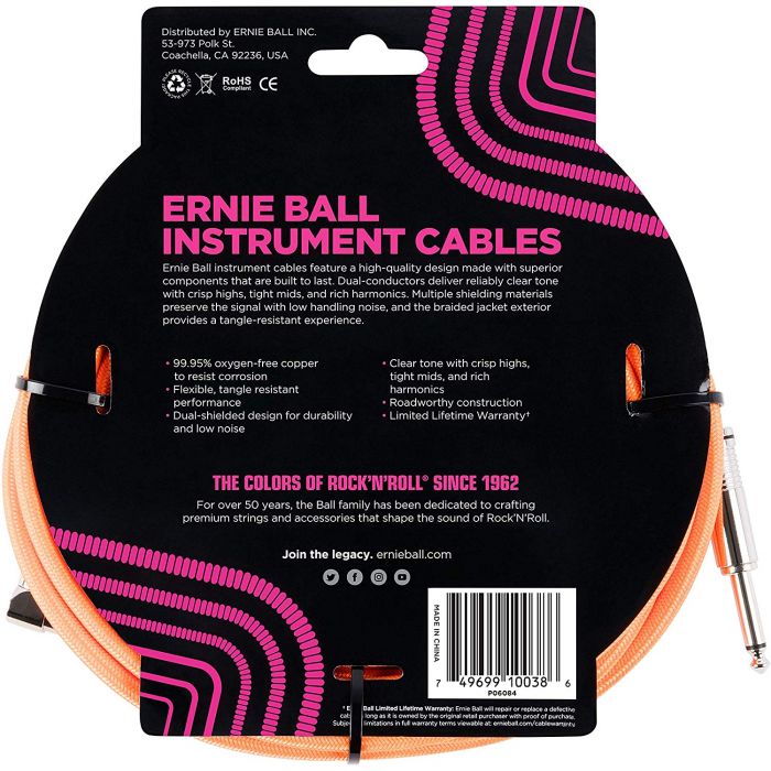 Ernie Ball P06084 18ft Braided Straight/Angle Instrument Cable, Neon Orange