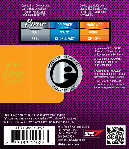 Elixir Nanoweb 80/20 Bronze Acoustic Guitar Strings - Custom Light Gauge 11-52