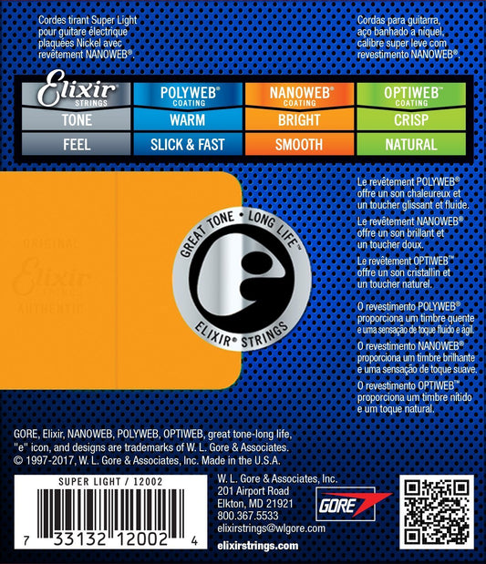 Elixir E12002 Nanoweb Electric Guitar Strings, Super Light Gauge, 09-42