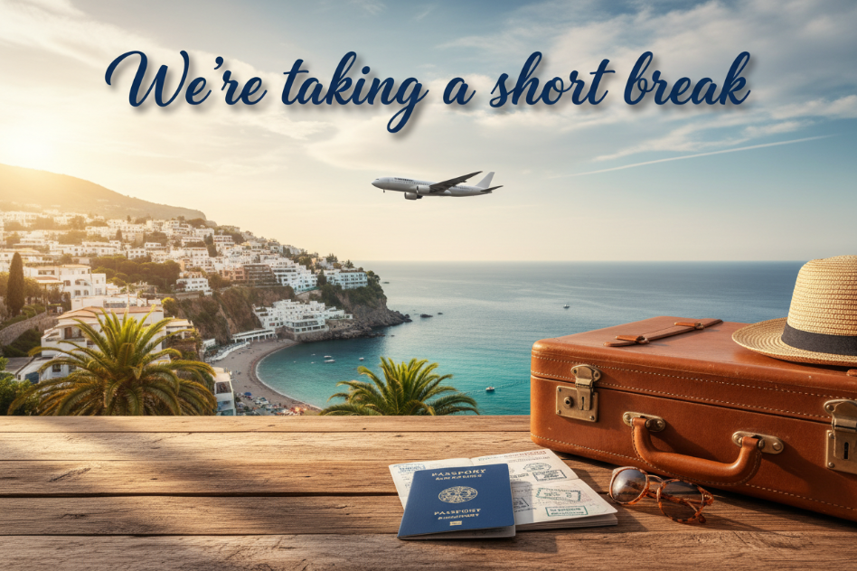 A picture of overseas travel with the caption "We're taking a short break"