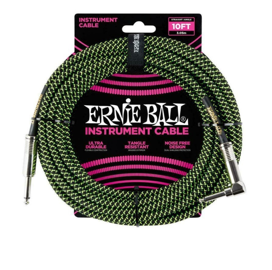 Ernie Ball P06077 10ft Braided Straight/Angle Instrument Cable Lead - Black/Green