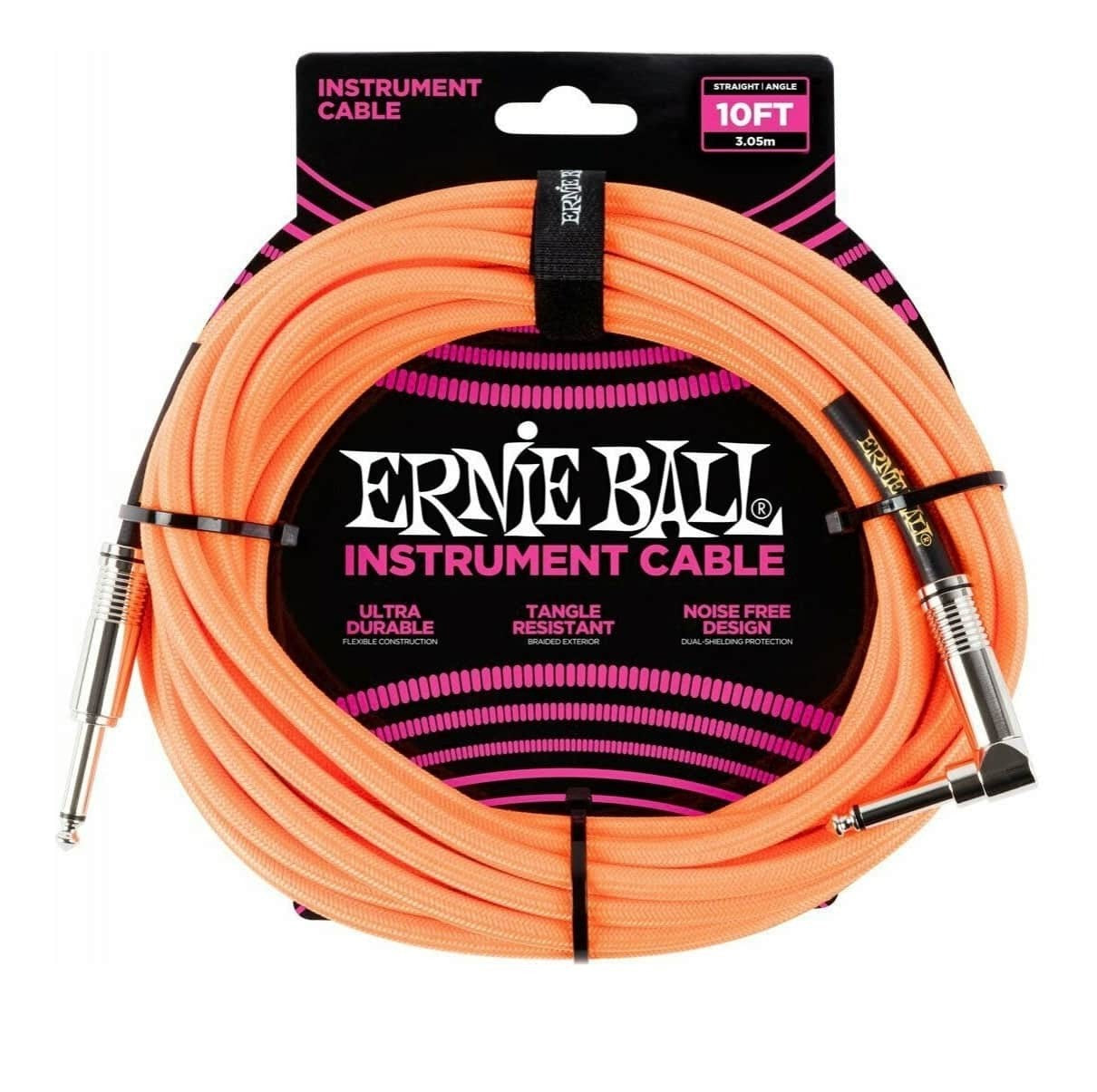 Ernie Ball P06079 10ft Braided Straight/Angle Instrument Cable Lead - Neon Orange