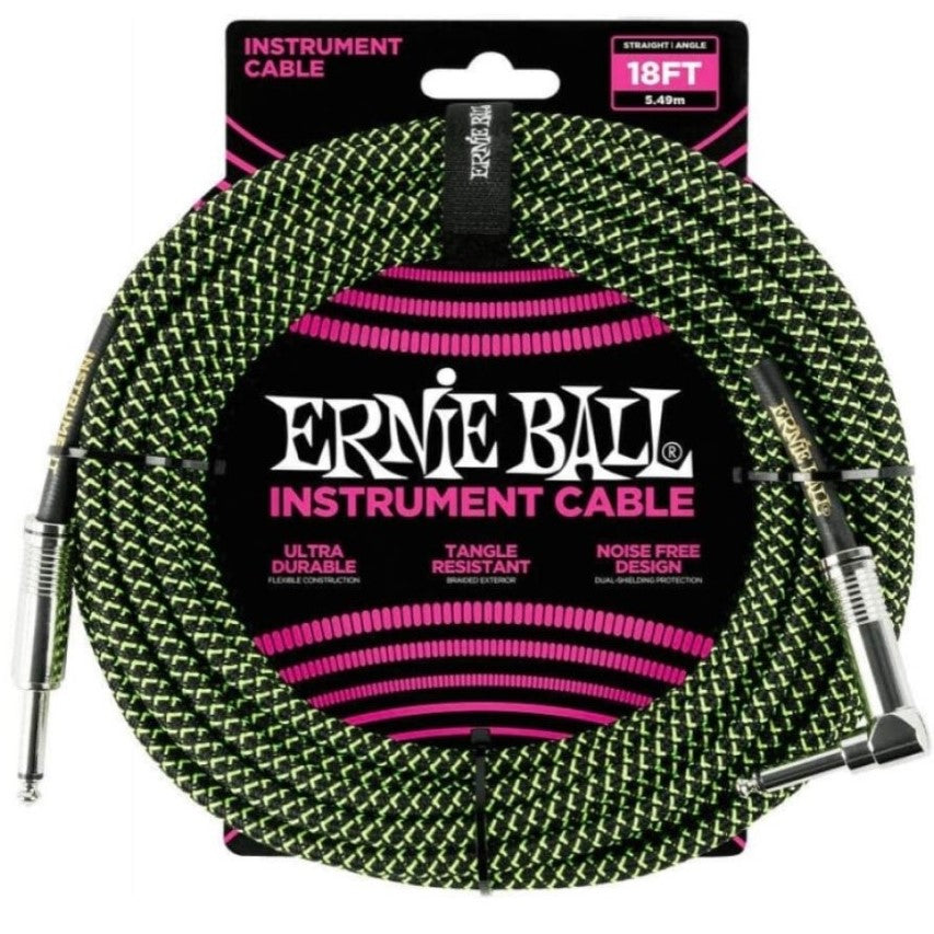 Ernie Ball P06082 18ft Braided Straight/Angle Instrument Cable Lead - Black/Green