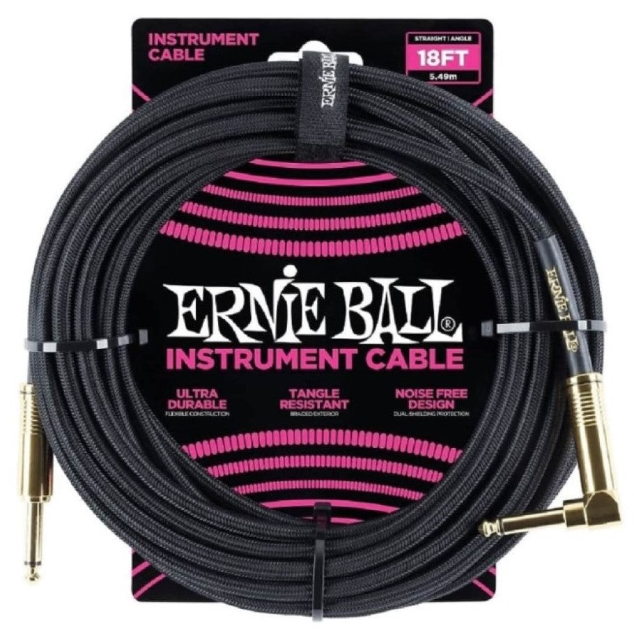 Ernie Ball P06086 18ft Braided Straight/Angle Instrument Cable Lead - Black