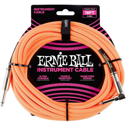 Ernie Ball P06084 18ft Braided Straight/Angle Instrument Cable, Neon Orange