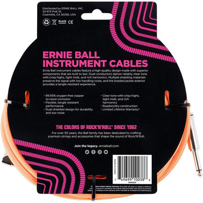 Ernie Ball P06084 18ft Braided Straight/Angle Instrument Cable, Neon Orange