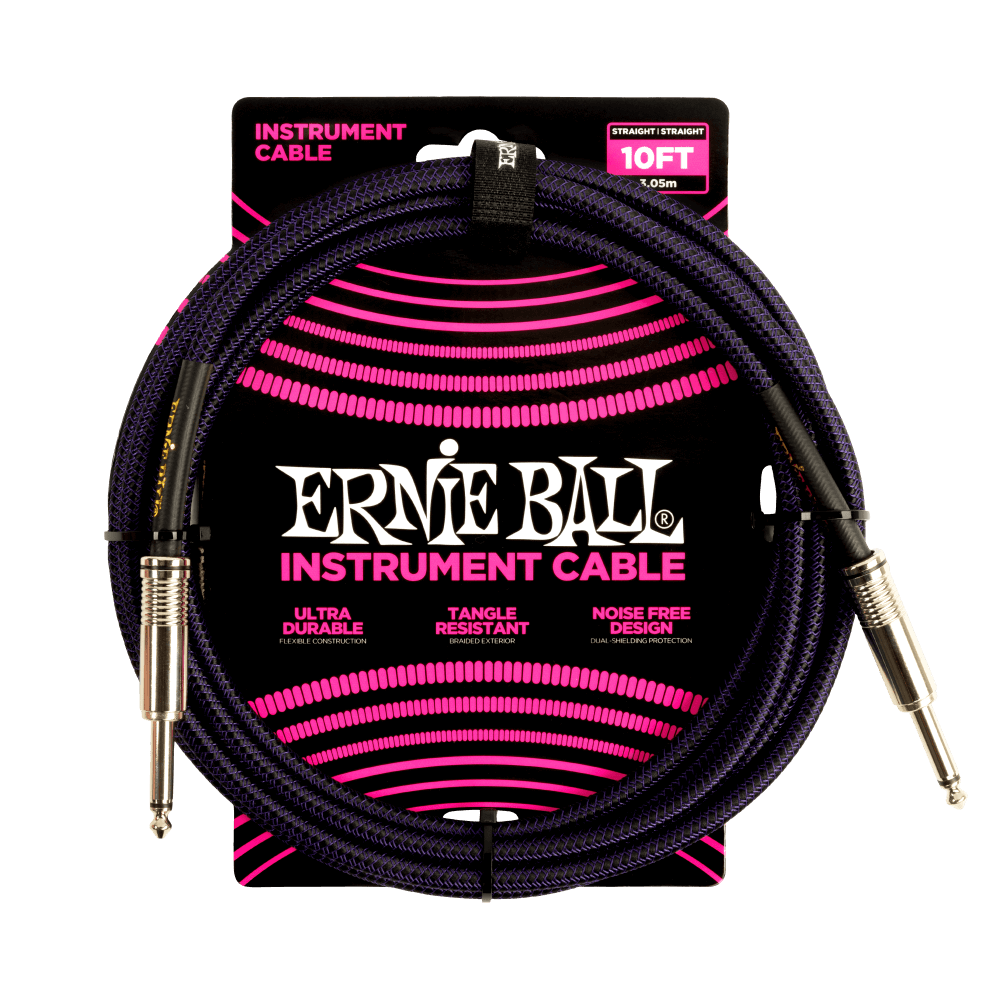 Ernie Ball P06393 10' Braided Straight/Straight Instrument Cable - Purple/Black