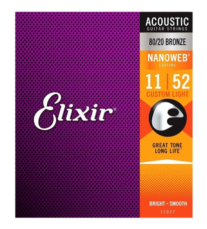 Elixir Nanoweb 80/20 Bronze Acoustic Guitar Strings - Custom Light Gauge 11-52