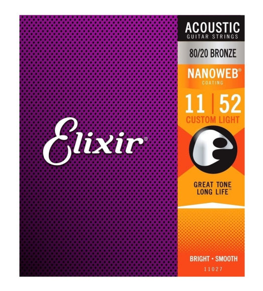 Elixir Nanoweb 80/20 Bronze Acoustic Guitar Strings - Custom Light Gauge 11-52