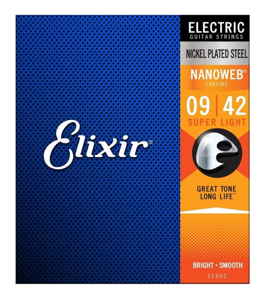 Elixir E12002 Nanoweb Electric Guitar Strings, Super Light Gauge, 09-42